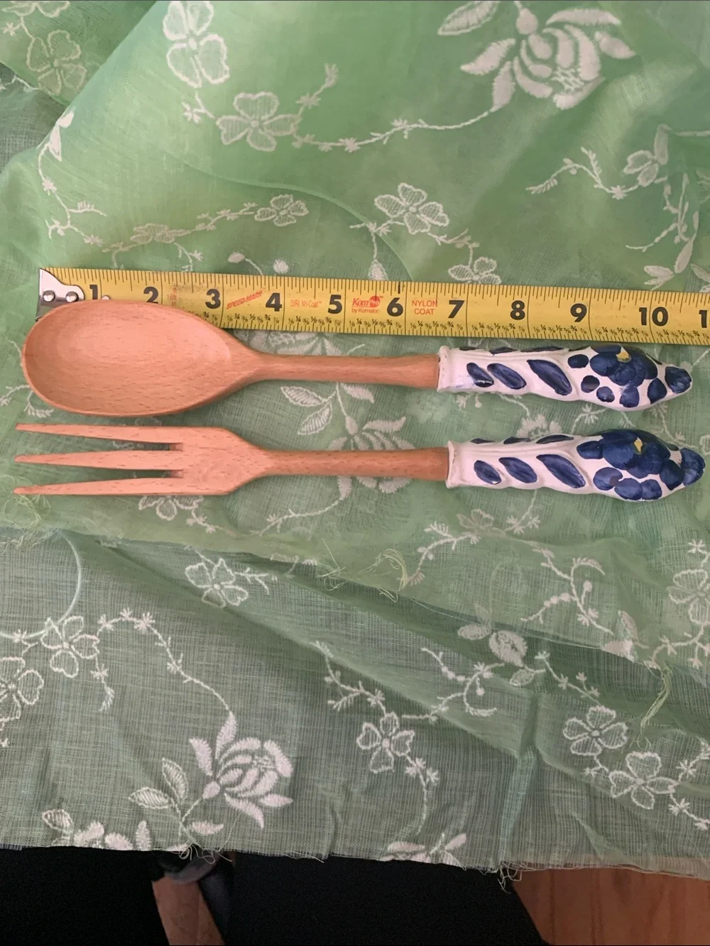 Blue and White Floral Wooden Spoon and fork